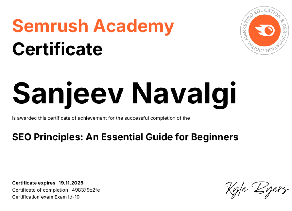 Semrush Certified Digital Marketing Freelancer in Bangalore