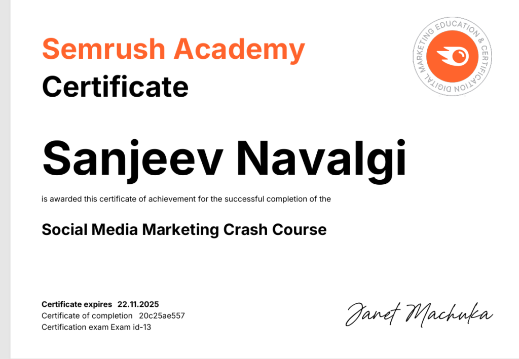 Semrush certified digital marketing freelancer in Bengaluru